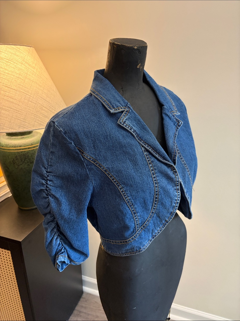 Last Kiss Y2K Indie Cropped OpenFront Denim Jacket XL Ruched Sleeves Alternative - Picture 6 of 15